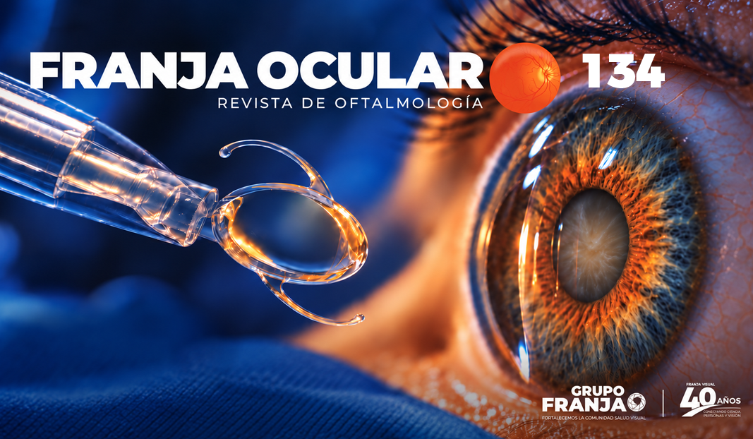 Close-up of a human eye with a surgical instrument near the cornea on a magazine cover reading Franja Ocular 134.