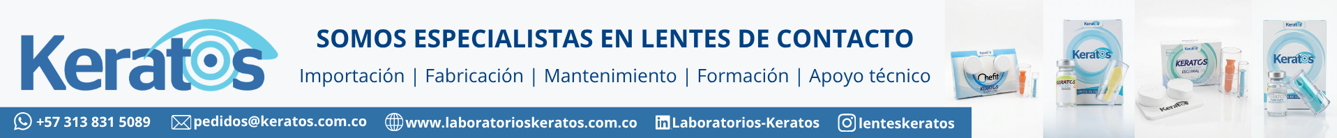 Banner for Keratos: specialists in contact lenses, with logo on the left, blue headline, product images on the right, and a bottom blue contact-info bar.